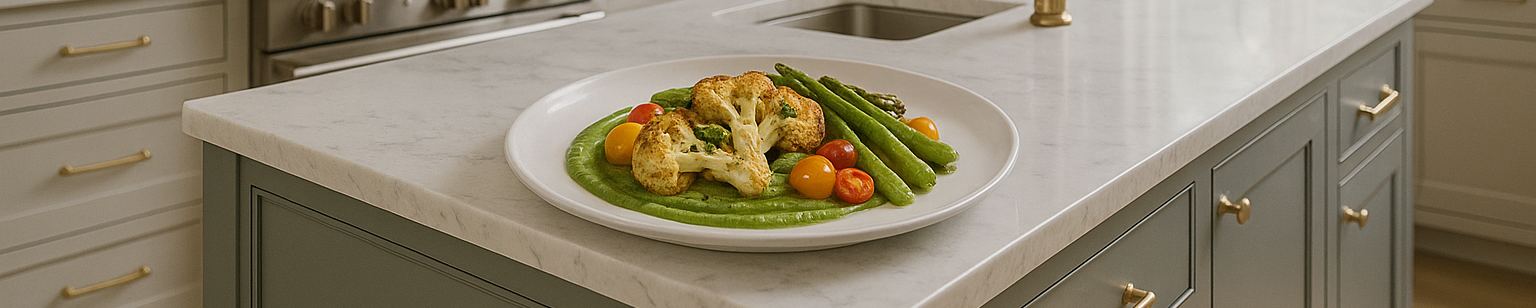 A stunning elegant kitchen with a beautifully plated vegetarian dish-1-1